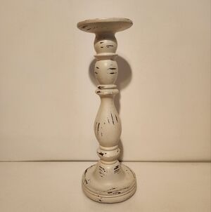 12” At Home White Rustic Worn Design Candlestick